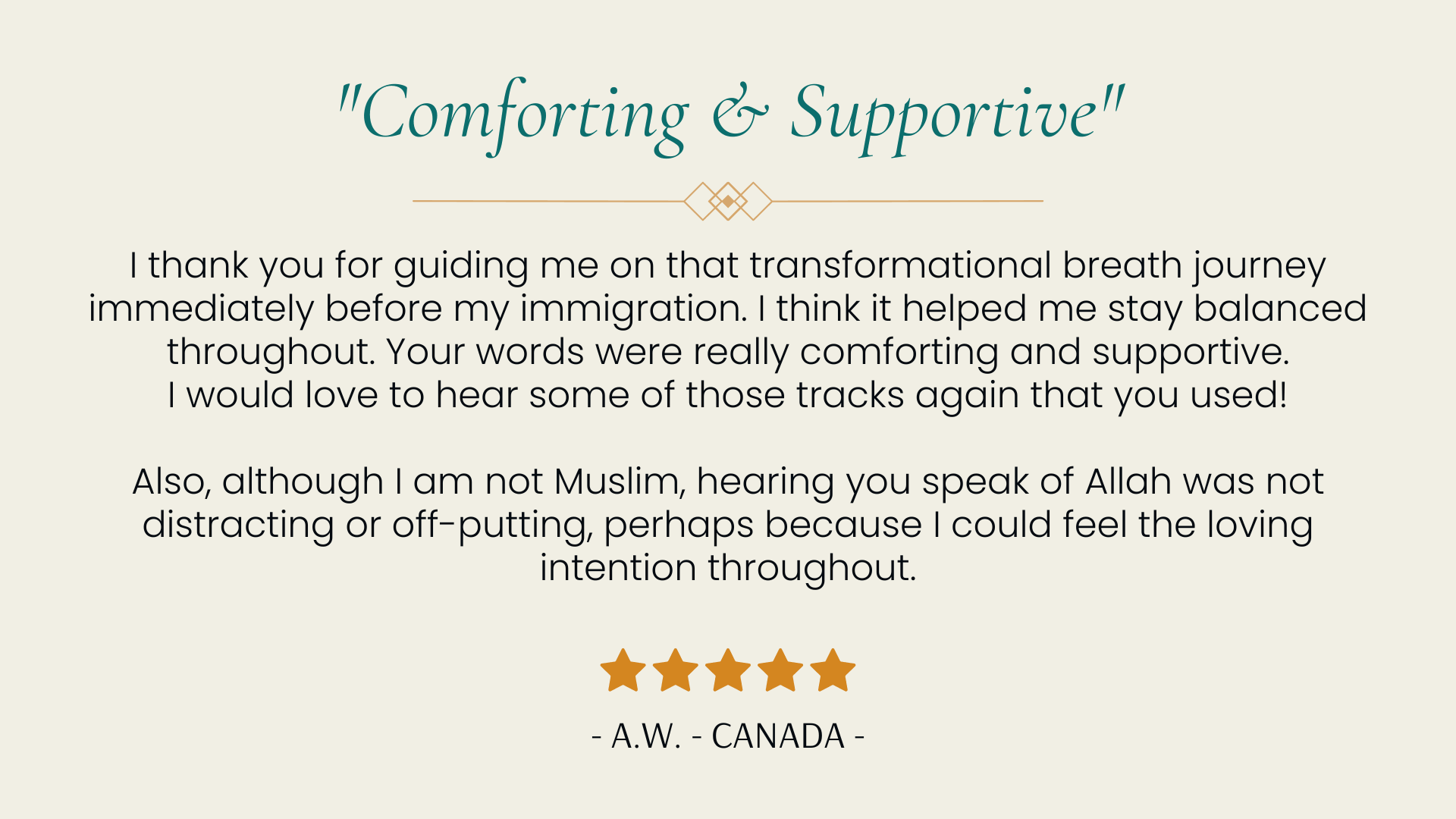 Comforting and supportive - breathwork testimonial A.W. Canada